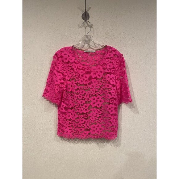 Trina Turk Shirt Womens Small Pink Lace Floral Short Sleeve Scalloped Sheer Top - Picture 2 of 4